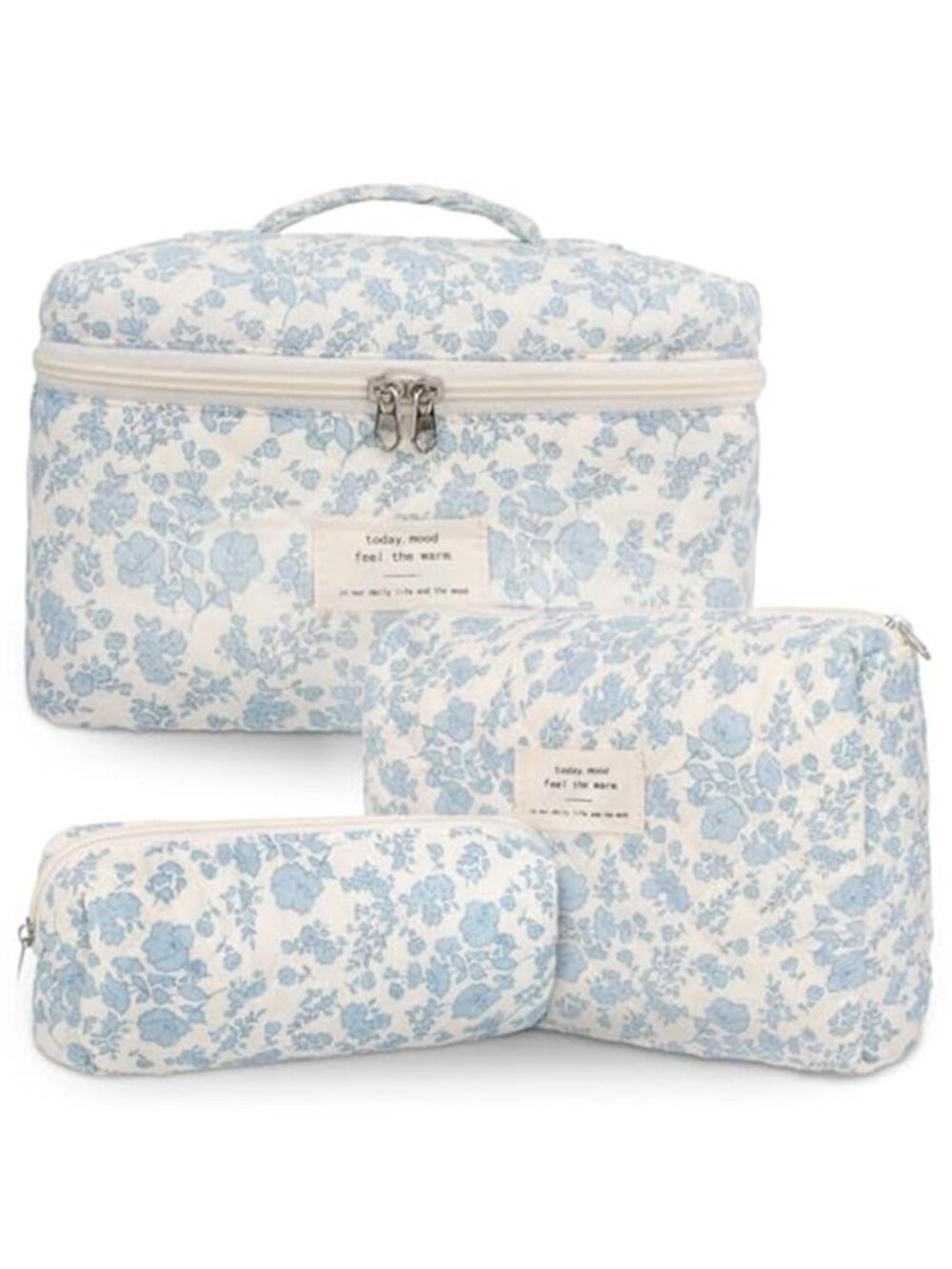 Quilted Cosmetic Bag Set Floral Makeup Organizer Travel Toiletry Pouch 3 Pack